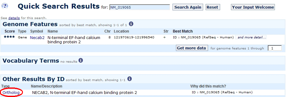 Quick Search showing Ortholog