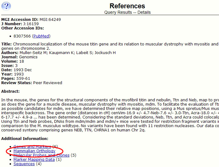 Reference Detail Page link to Orthology Data