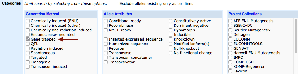 Allele Query Form's Categories section