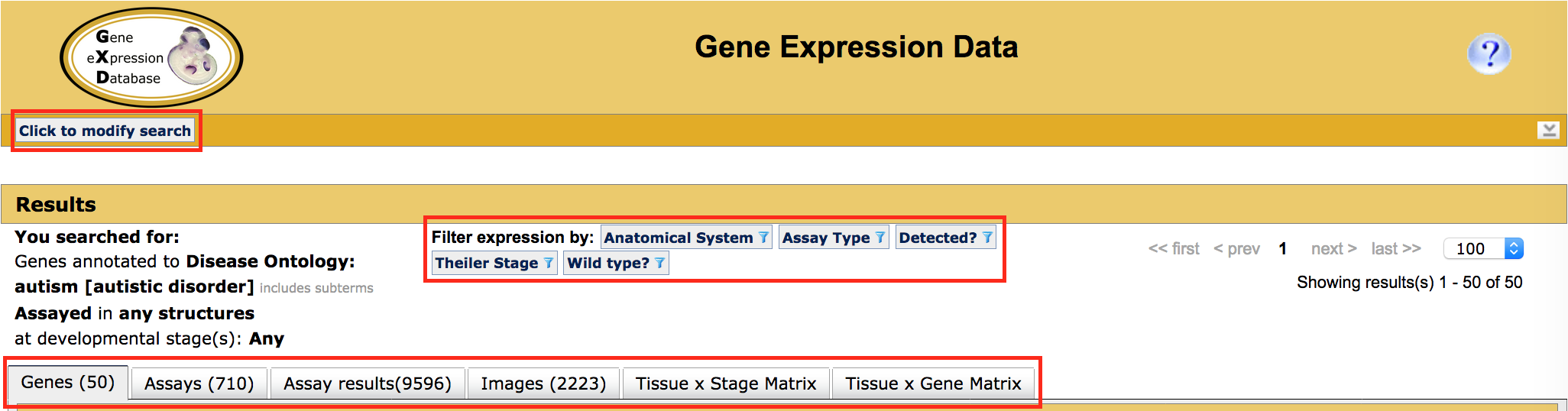 GXD results page with tabs