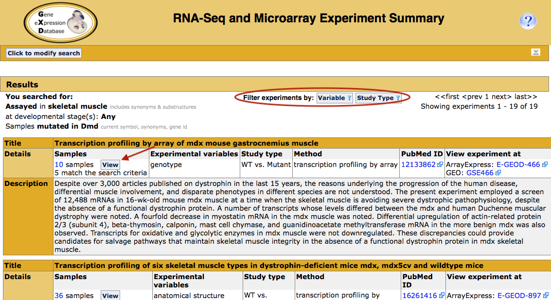 RNA-Seq and Microarray Experiment Search results